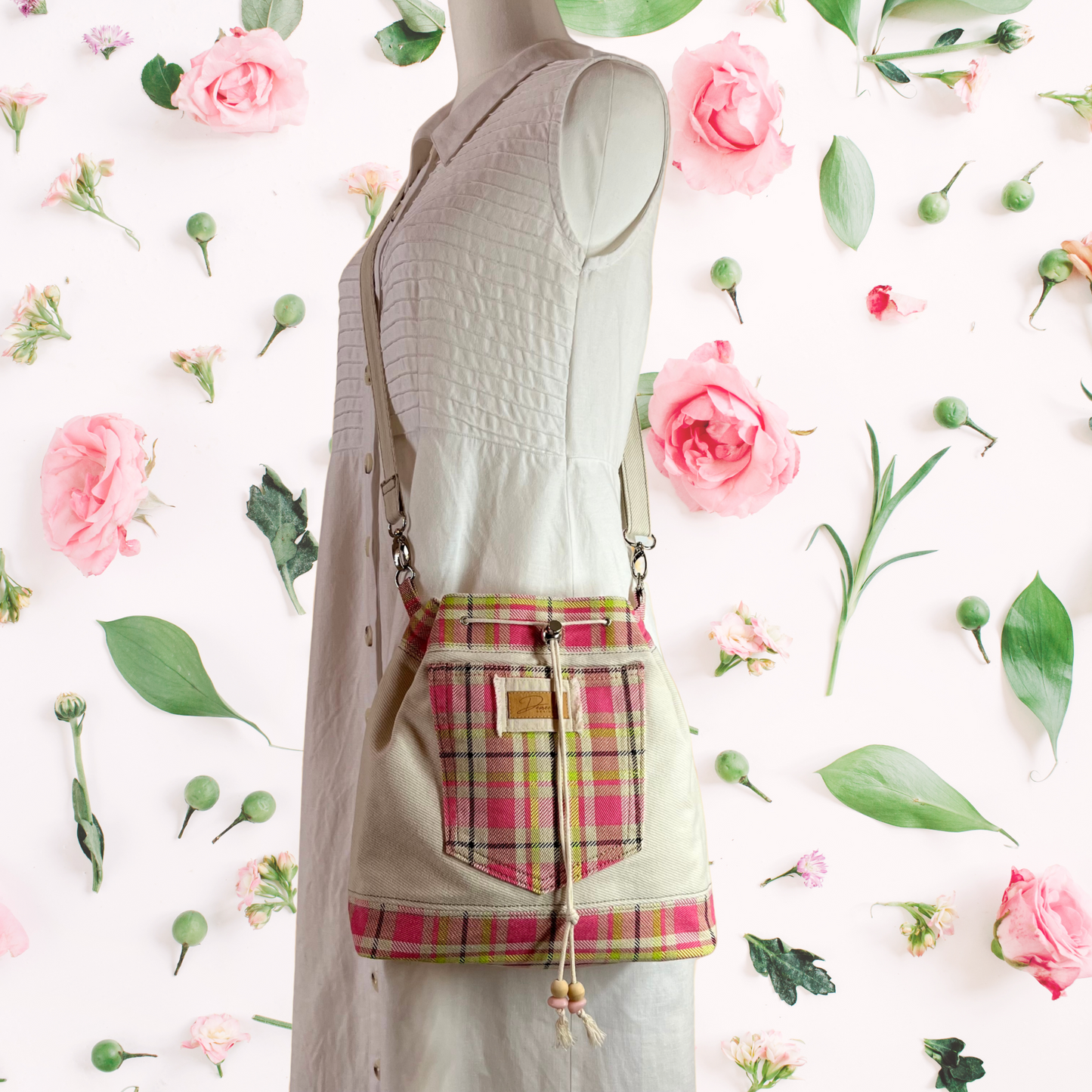 Casual Drawcord Crossbody Bag - Playful Plaid