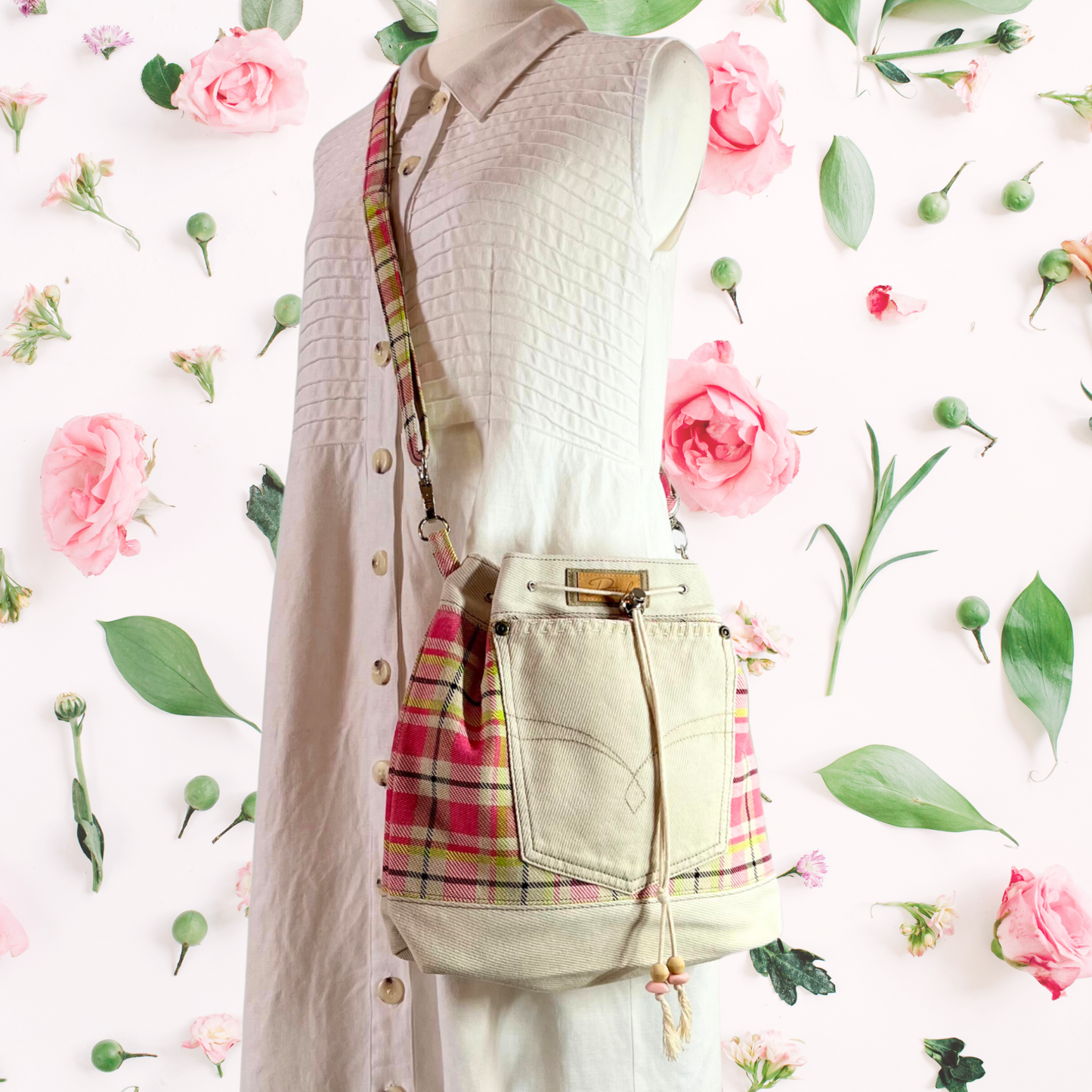 Casual Drawcord Crossbody Bag - Playful Plaid - Print