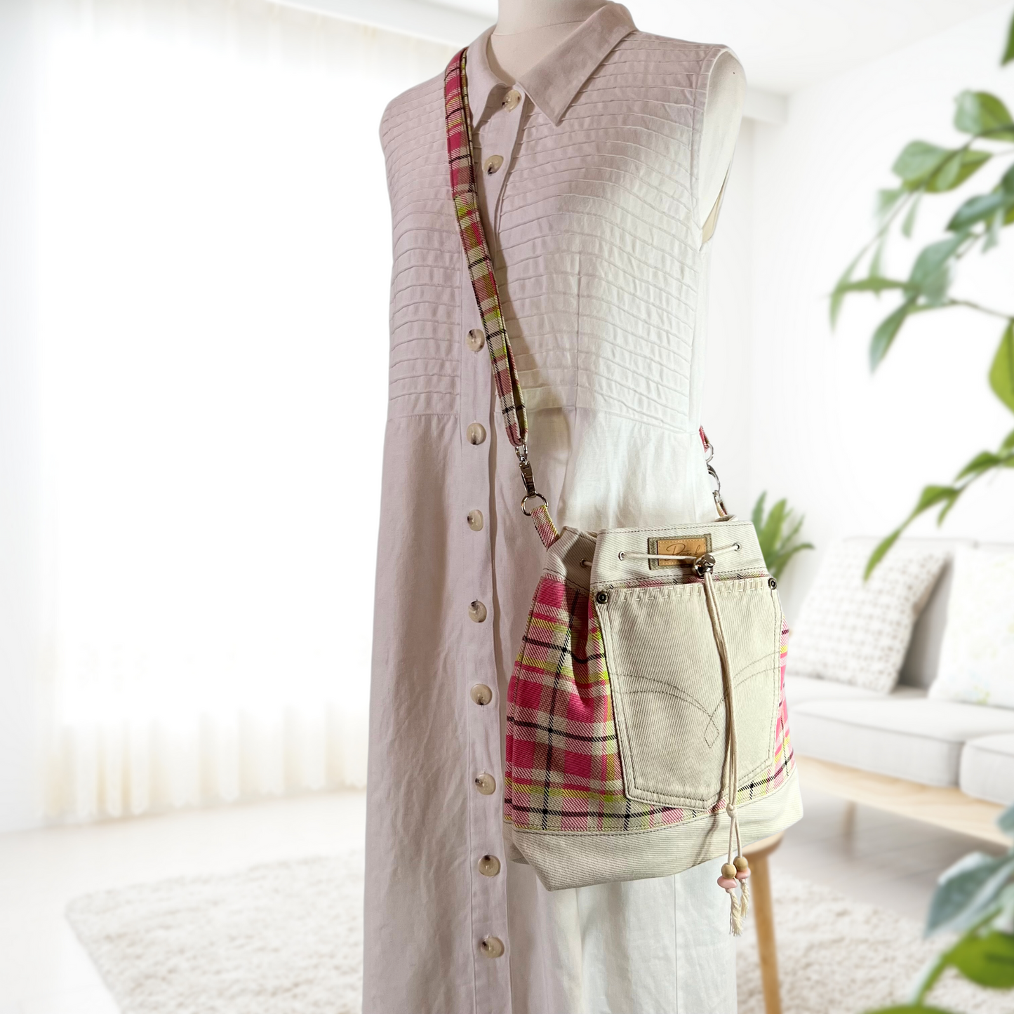 Casual Drawcord Crossbody Bag - Playful Plaid - Print