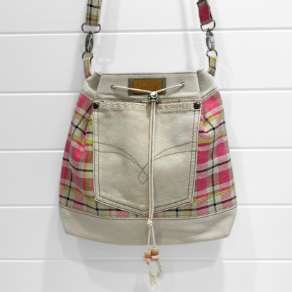 Casual Drawcord Crossbody Bag - Playful Plaid - Print