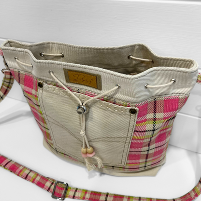 Casual Drawcord Crossbody Bag - Playful Plaid - Print