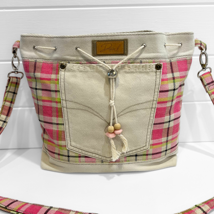 Casual Drawcord Crossbody Bag - Playful Plaid - Print