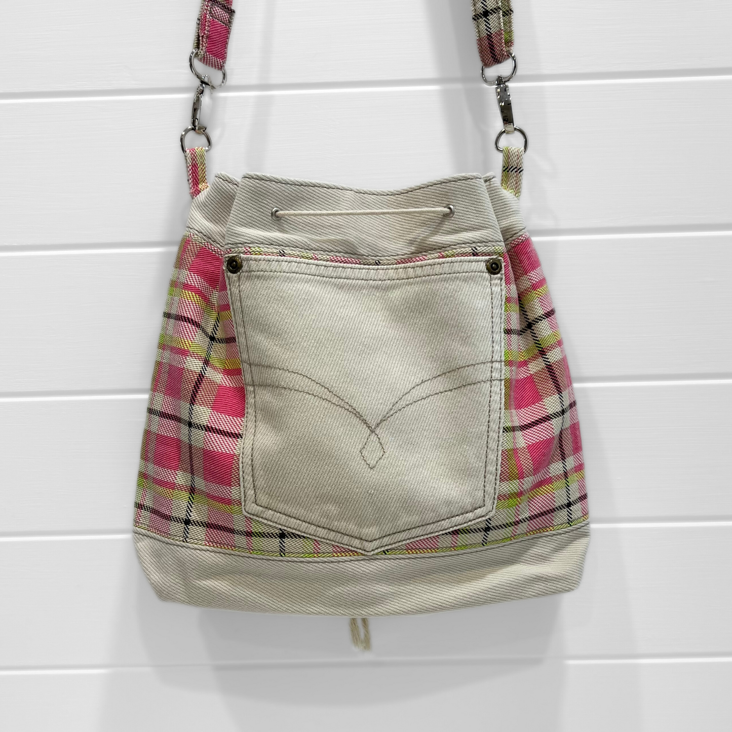 Casual Drawcord Crossbody Bag - Playful Plaid - Print