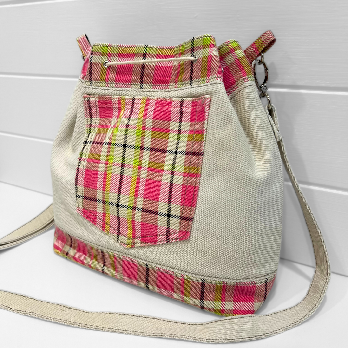 Casual Drawcord Crossbody Bag - Playful Plaid